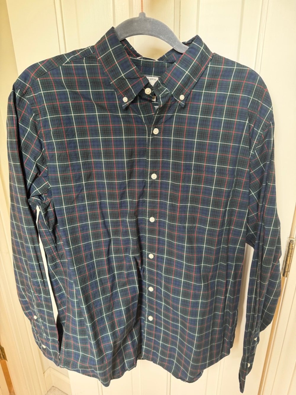 J. Crew Men's Navy Plaid Button-Down Shirt with Green and Red Stripes